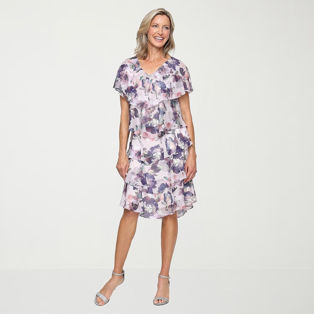 NWT S. L. Fashions Womens 10 Blush Multi Floral Shift Dress Short Sleeve Round